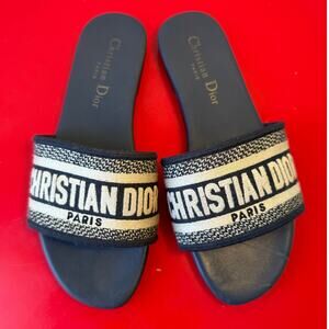 Christian Dior Dway Slides Womens Size 36 Navy Blue Cotton Flat Sandals Logo